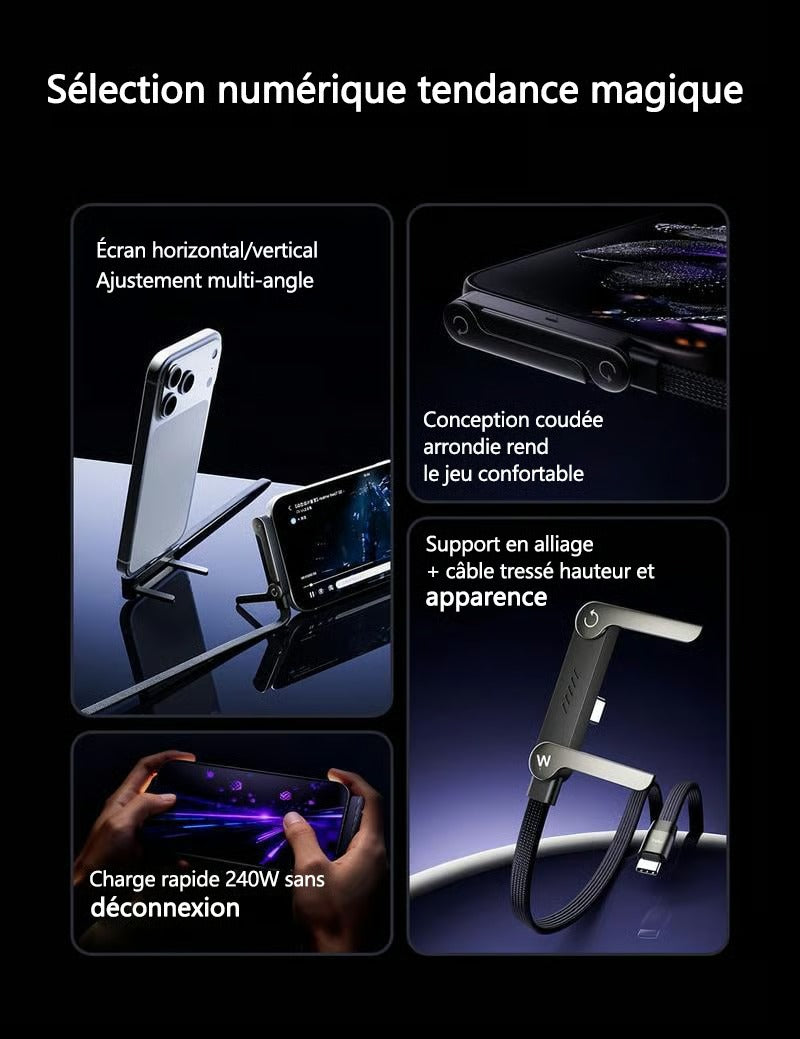 Ultra Link™ I Câble de charge rapide 240W tressé 2 en 1 avec support de téléphone intégré